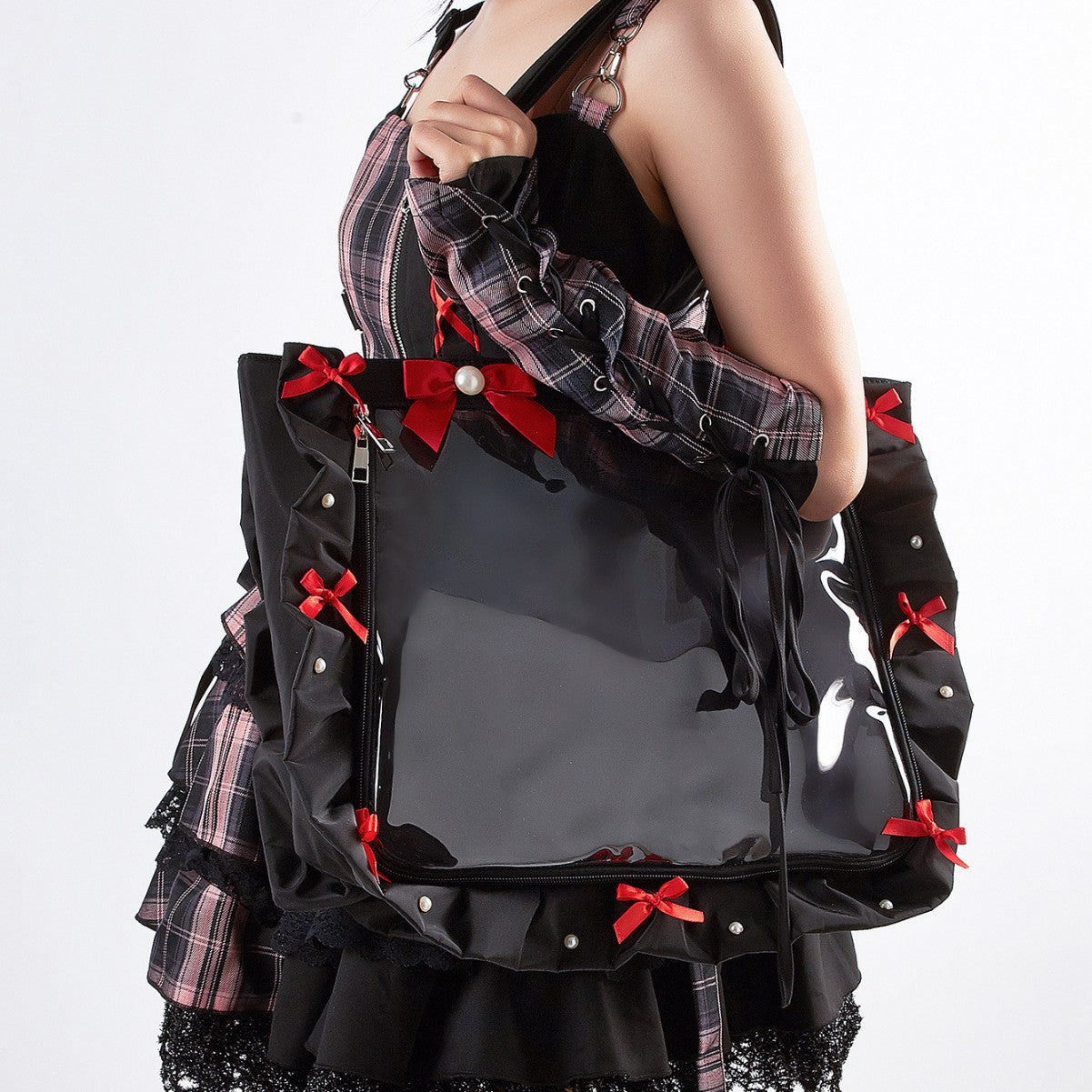 Japanese-Style Ruffle Ribbon Bow Shoulder Tote Bag with Badge - Large Capacity