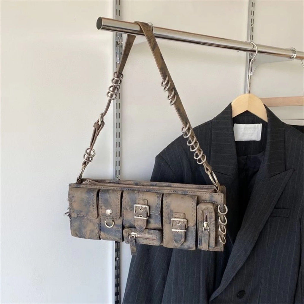 Kissyra Dust Long Functional Multi-Pocket Shoulder Bag with Ring Detail