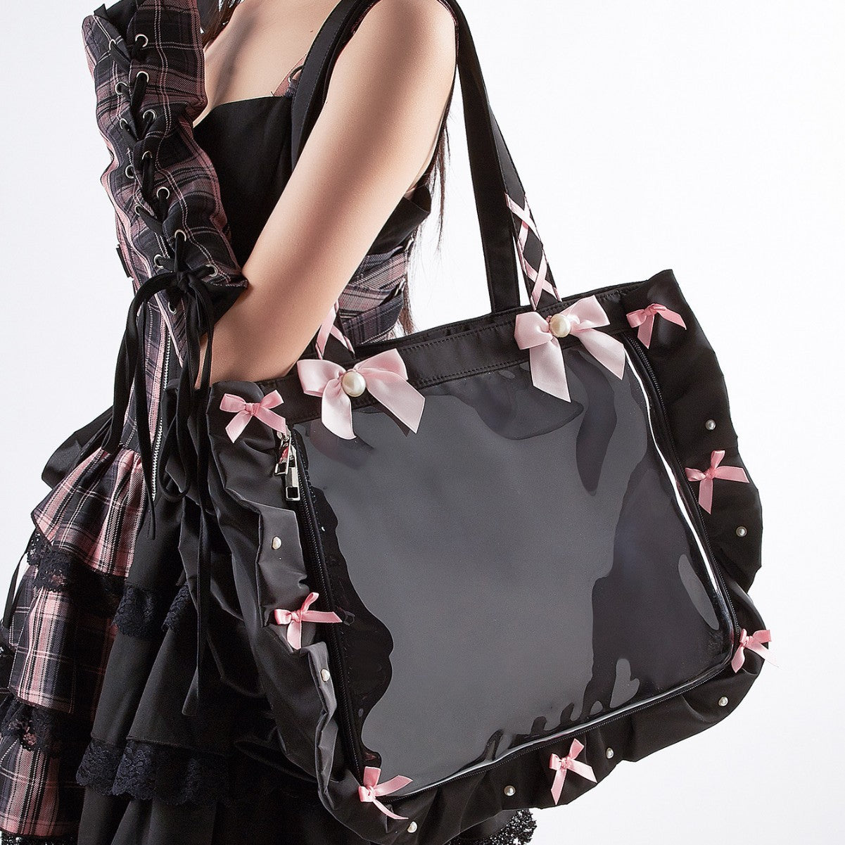 Japanese-Style Ruffle Ribbon Bow Shoulder Tote Bag with Badge - Large Capacity