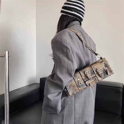 Kissyra Dust Long Functional Multi-Pocket Shoulder Bag with Ring Detail