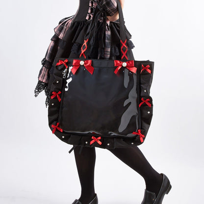 Japanese-Style Ruffle Ribbon Bow Shoulder Tote Bag with Badge - Large Capacity