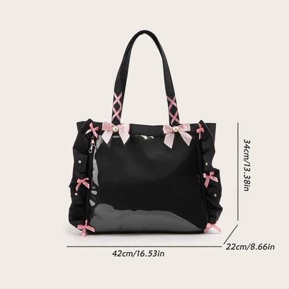 Japanese-Style Ruffle Ribbon Bow Shoulder Tote Bag with Badge - Large Capacity