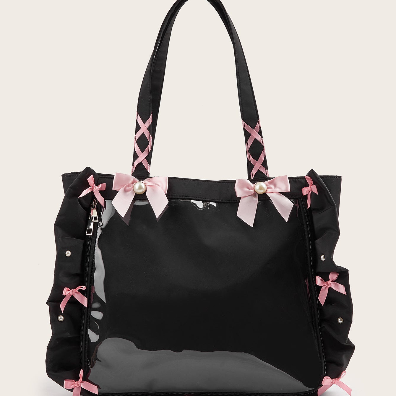 Japanese-Style Ruffle Ribbon Bow Shoulder Tote Bag with Badge - Large Capacity