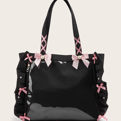 Japanese-Style Ruffle Ribbon Bow Shoulder Tote Bag with Badge - Large Capacity