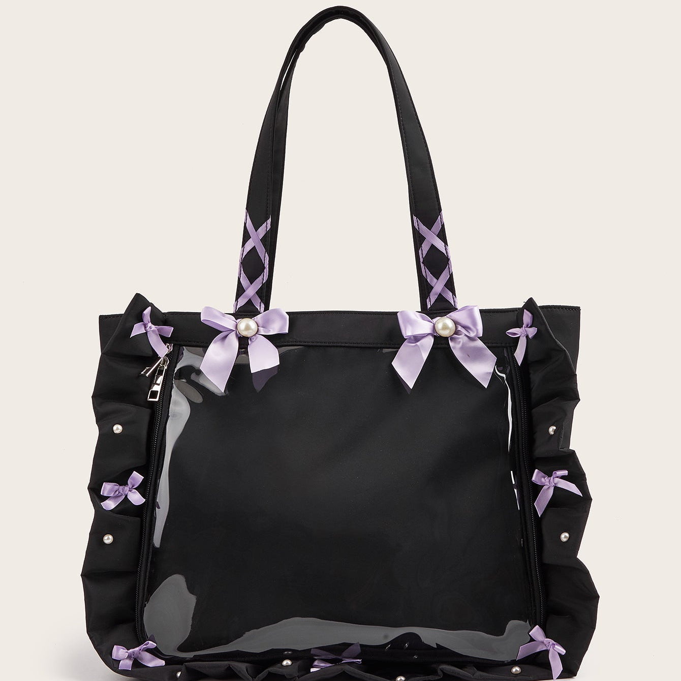 Japanese-Style Ruffle Ribbon Bow Shoulder Tote Bag with Badge - Large Capacity