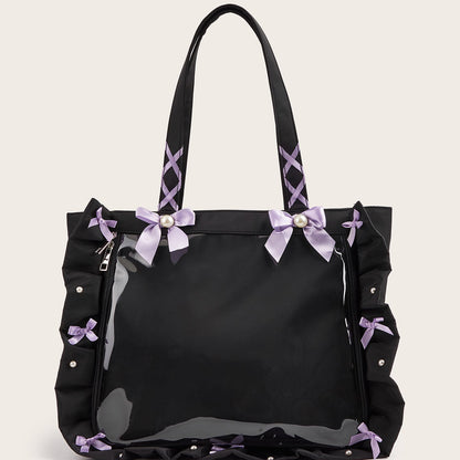 Japanese-Style Ruffle Ribbon Bow Shoulder Tote Bag with Badge - Large Capacity