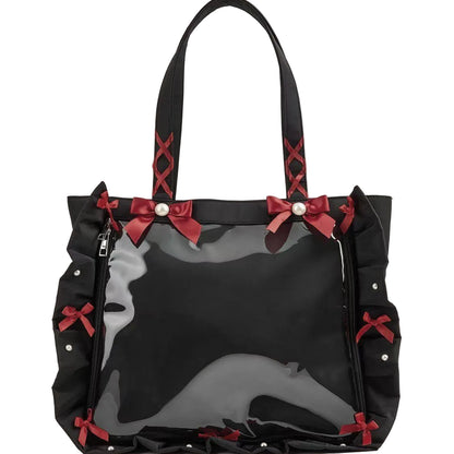 Japanese-Style Ruffle Ribbon Bow Shoulder Tote Bag with Badge - Large Capacity