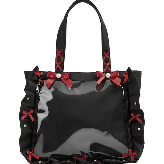 Japanese-Style Ruffle Ribbon Bow Shoulder Tote Bag with Badge - Large Capacity